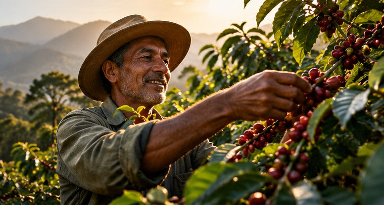 Sunrise over green coffee-growing hills and ripe red coffee cherries, illustrating coffee origin